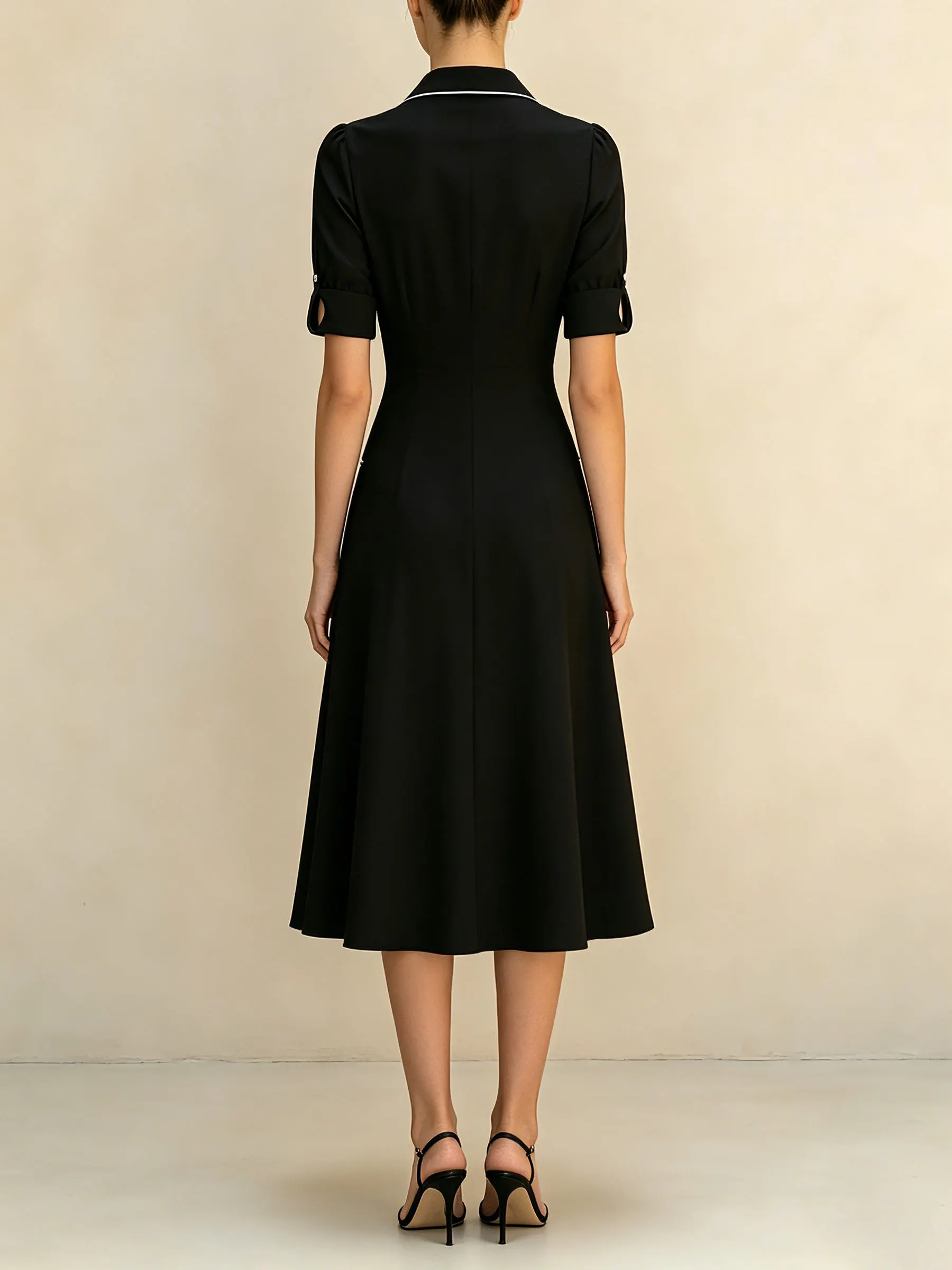 Elegant Black Shirt Dress For – Vintage Front Midi Dress With Contrast Trim And Short Sleeves