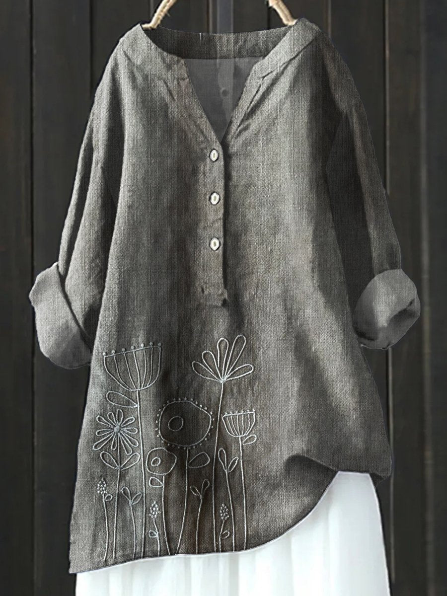 Floral Art Print Casual Cotton & Linen Shirt