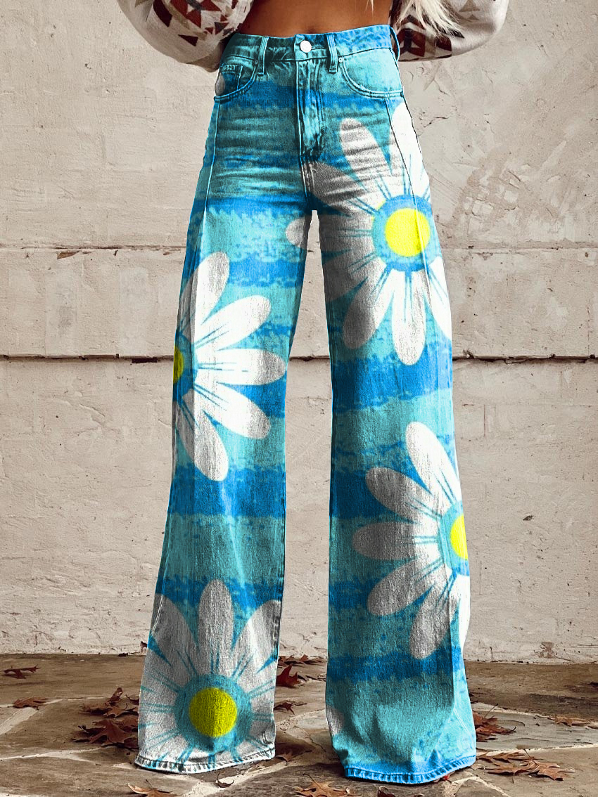 Retro Color Daisy Art Casual Wide-Leg Pants