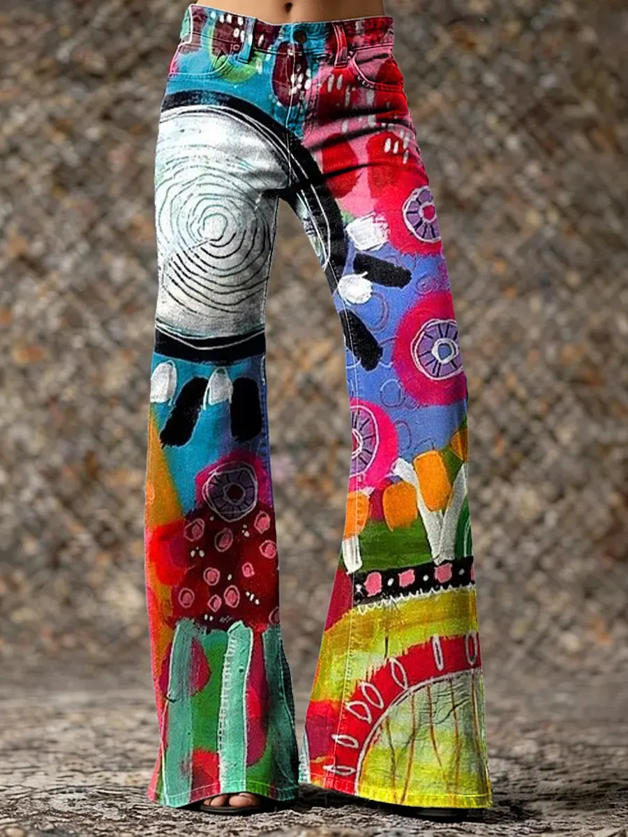 Retro Bohemian Colorful Floral Art Print Casual Slim-fit Flare Pants