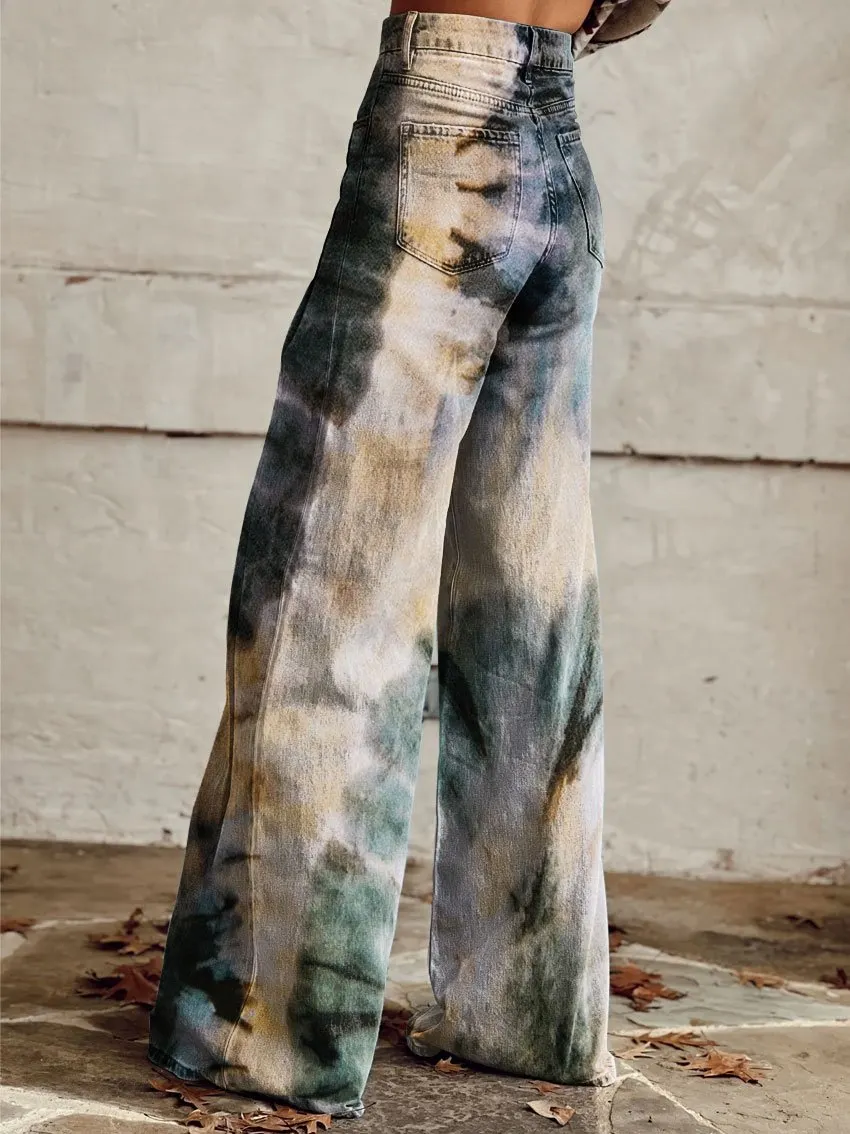 Vintage Print Casual Wide-Leg Pants