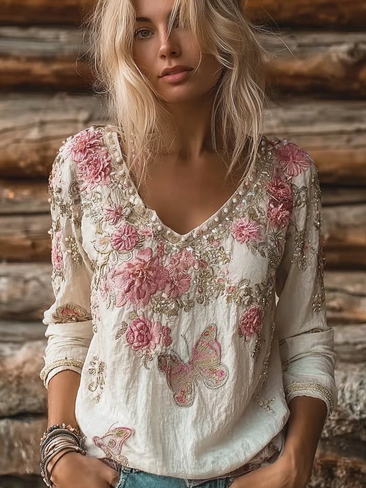 Bohemian Style Floral And Butterfly Pattern Women's Long Sleeves T-shirt