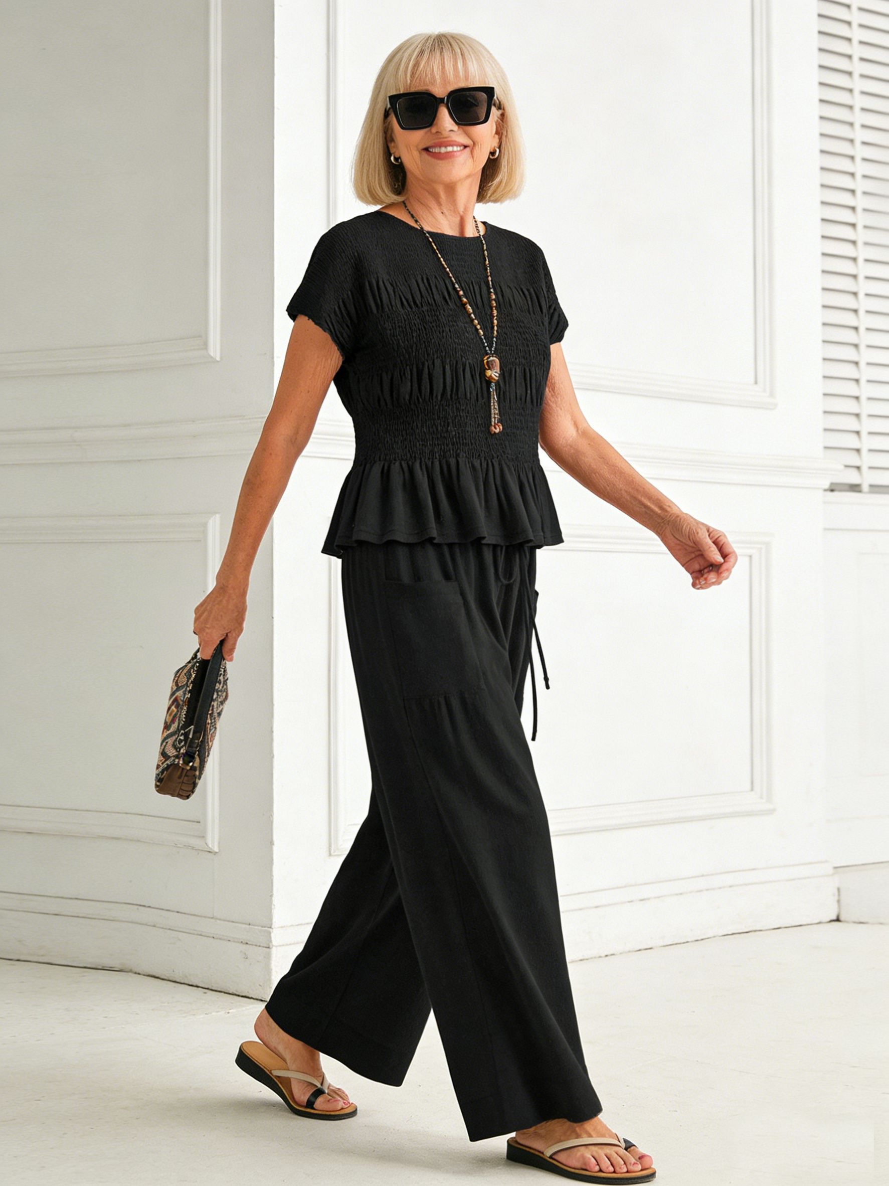 Green Ruffle-Hem Top & Wide-Leg Pants Set