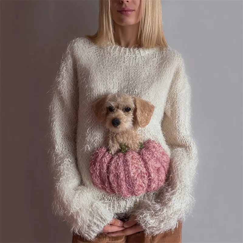 Lovely Fuzzy Dog & Pink Pumpkin Cozy Knit Sweater