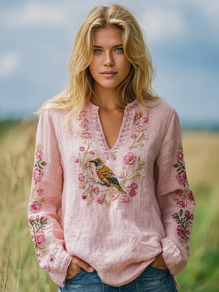 Women's Retro Pink Floral And Birds Pattern V-neck Shirt