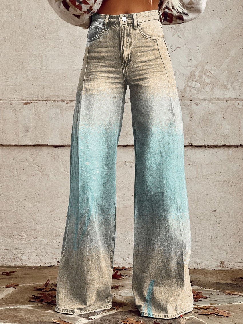 Blue & Yellow Gradient Print Casual Wide-Leg Pants