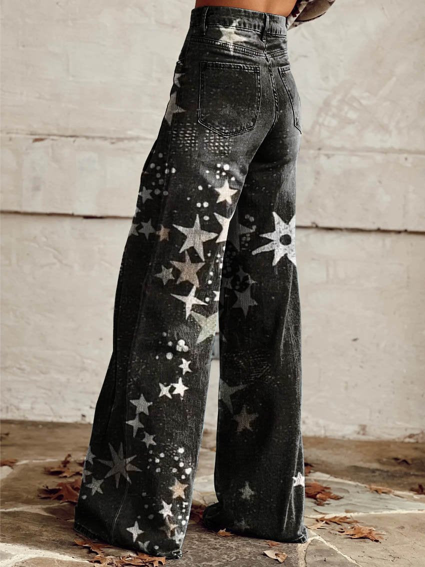 Black Star Print Casual Wide-Leg Pants