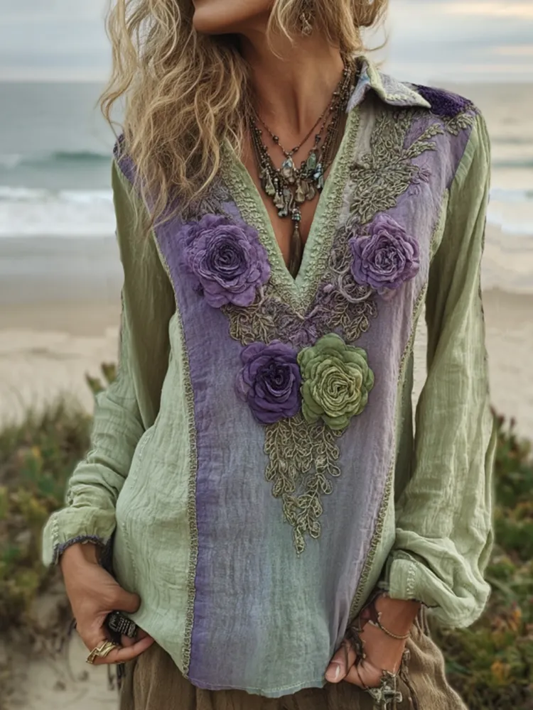 Vintage Purple Lavender And Floral Embroidered V Neck Long Sleeve Shirt
