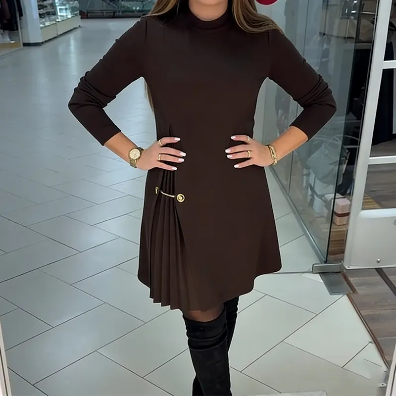 Sophisticated A-Line Dress with Pleated Detail & Gold Chain
