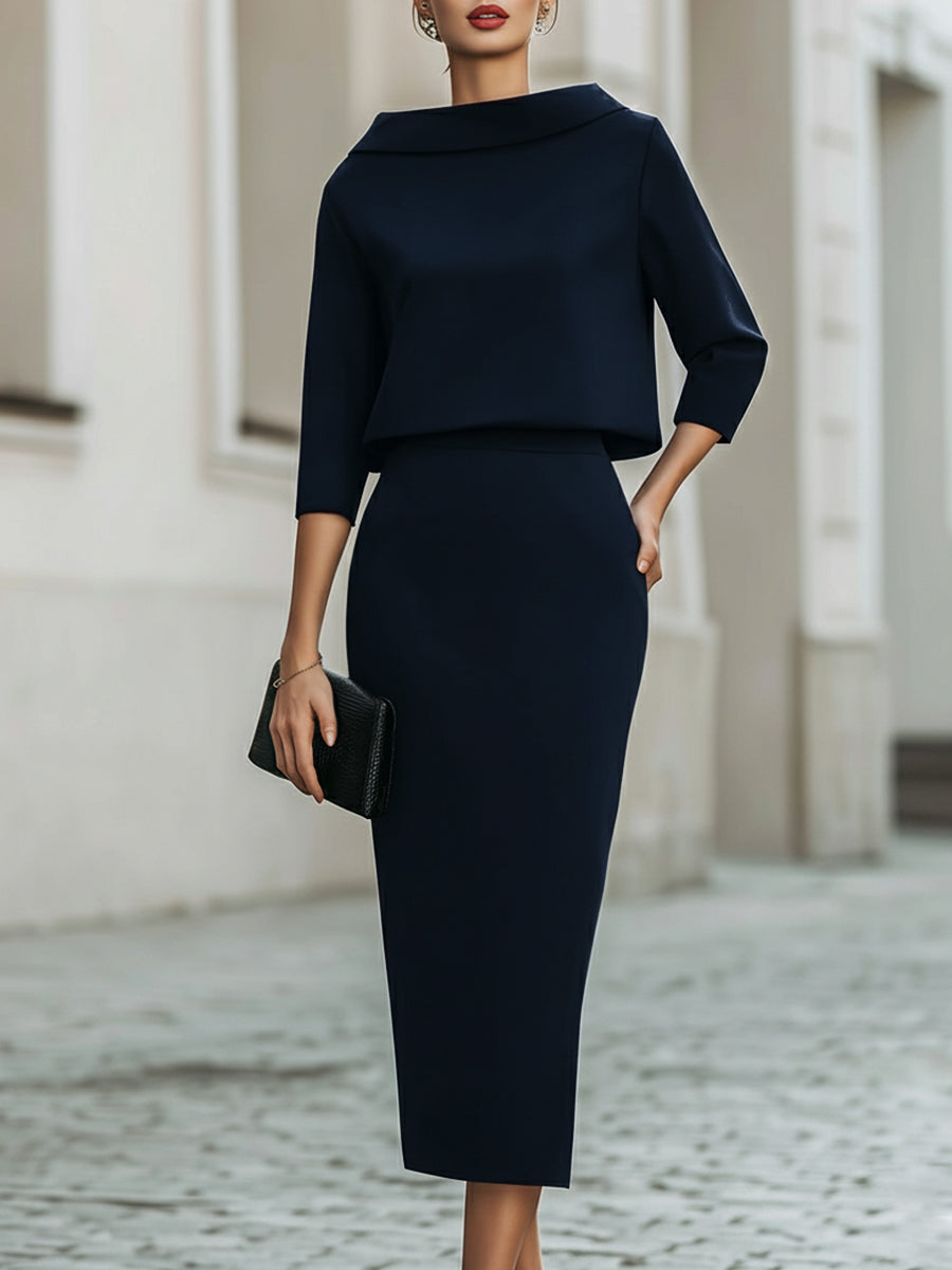Boat Neck Top & Midi Skirt Set