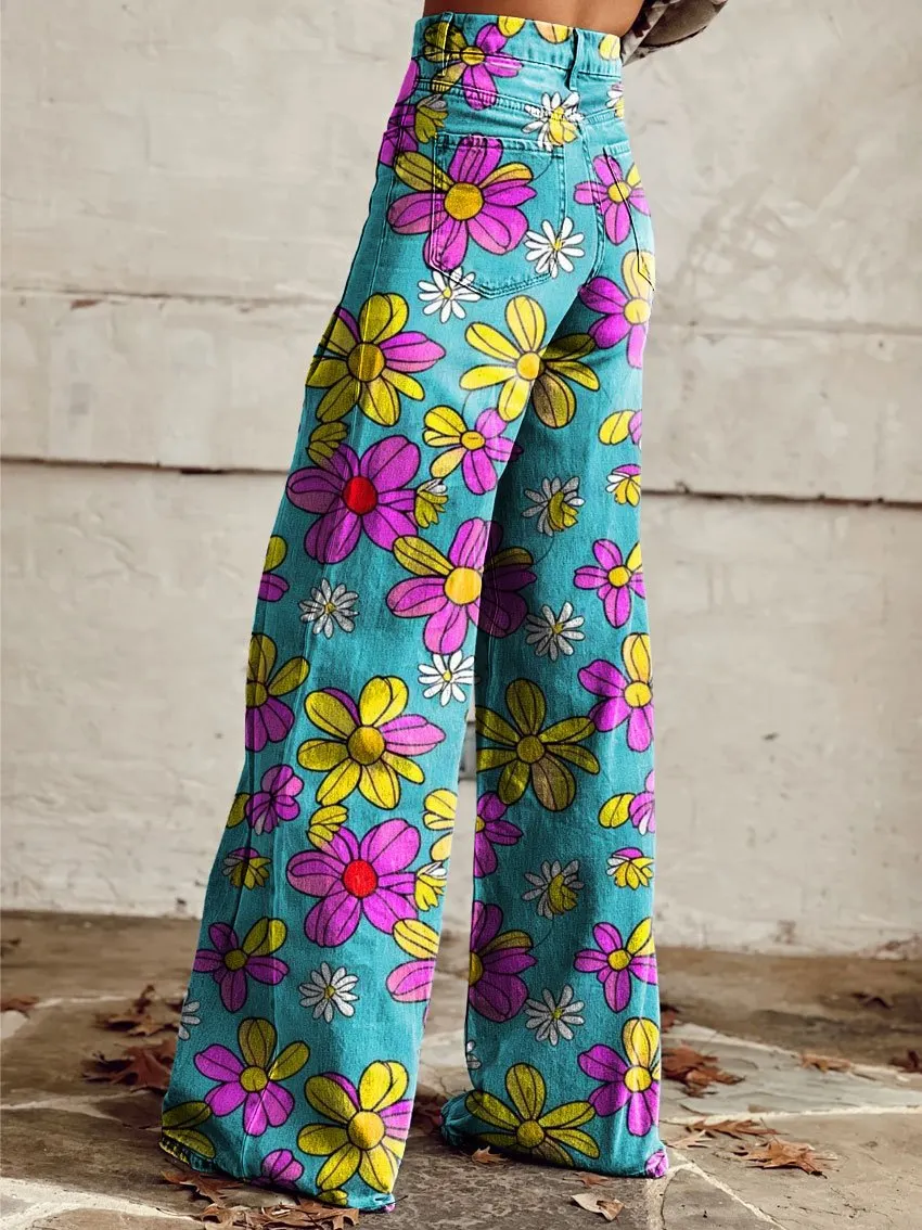 Vintage Print Casual Wide-Leg Pants