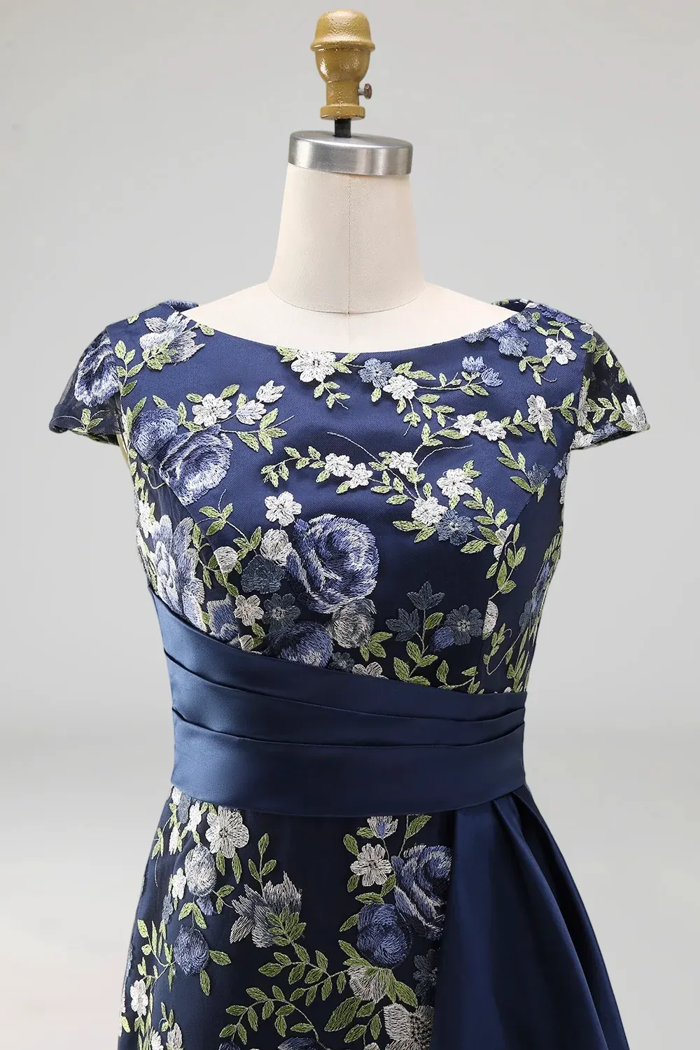 Navy Bateau Neck Cap Sleeve Floral Mermaid Maxi Dress