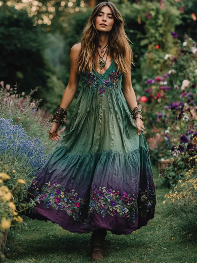 Vintage Purple Flowers Embroidered Gradient Maxi Dress