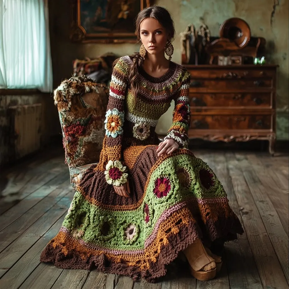 Vintage Bohemia Flower Crochet Patchwork Maxi Sweater Dress