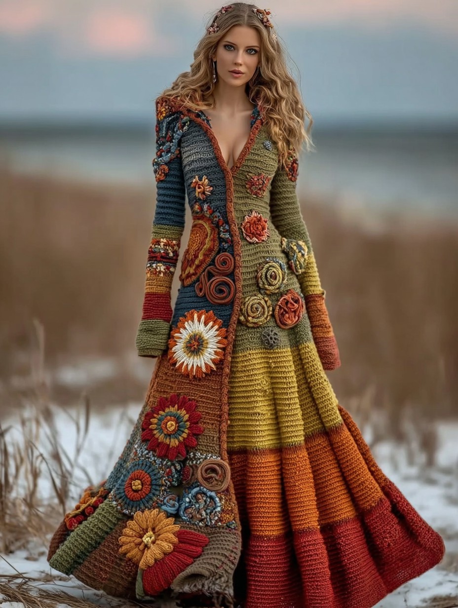 Vintage Floral Crochet Colorblock Cozy Maxi Sweater Dress