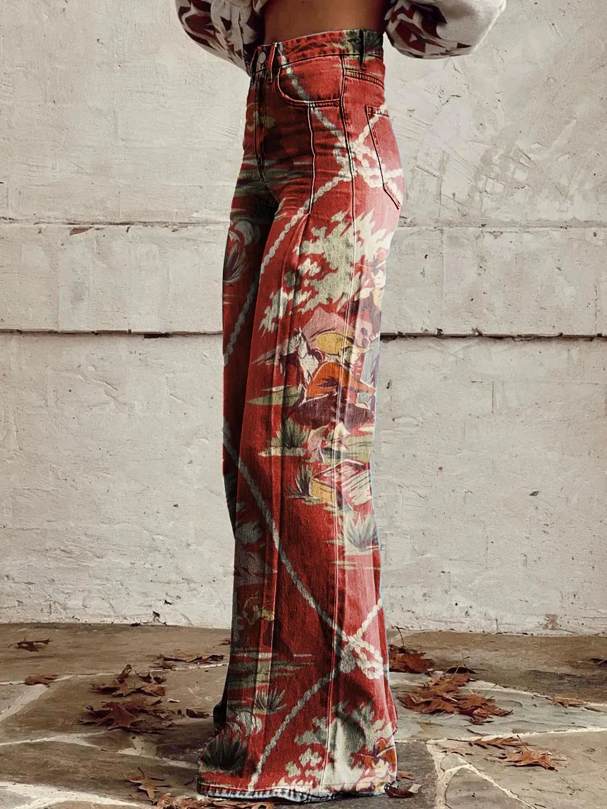 Retro Horse Print Casual Wide-Leg Pants