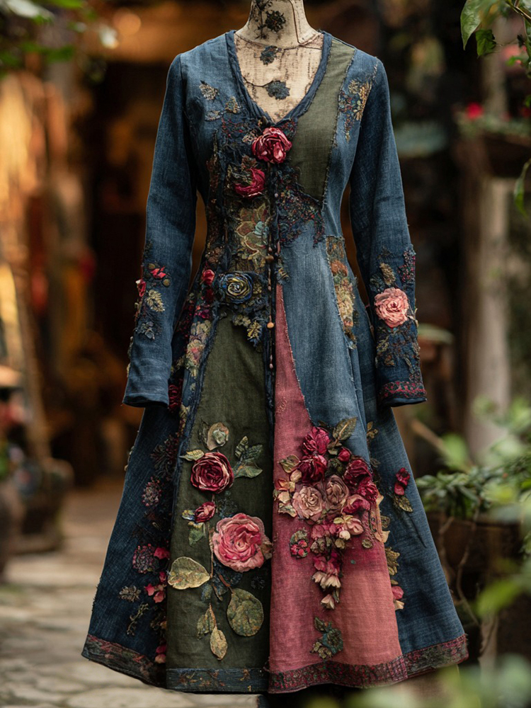 Women's Vintage Rose Floral Print Patchwork Denim Long Dress