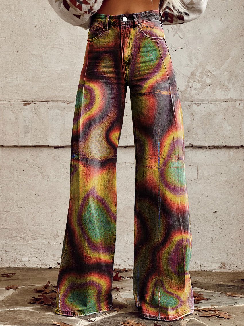 Vintage Print Casual Wide-Leg Pants