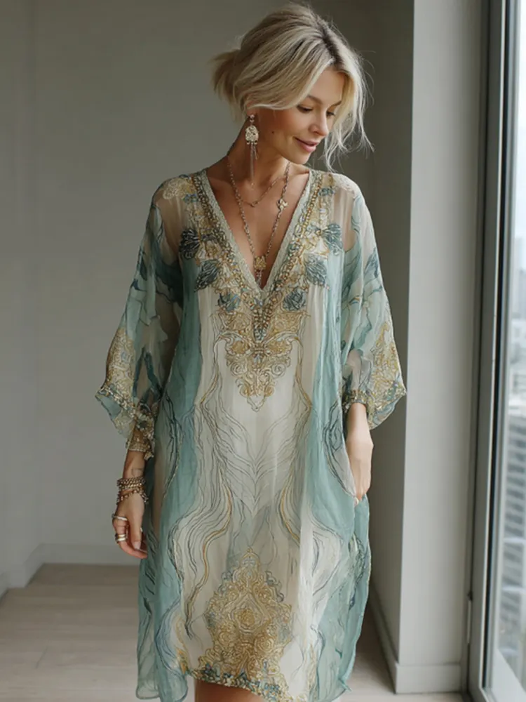 Vintage Marble Texture Collection Retro Bohemia Women Style Gradient Gilded Pattern Dress