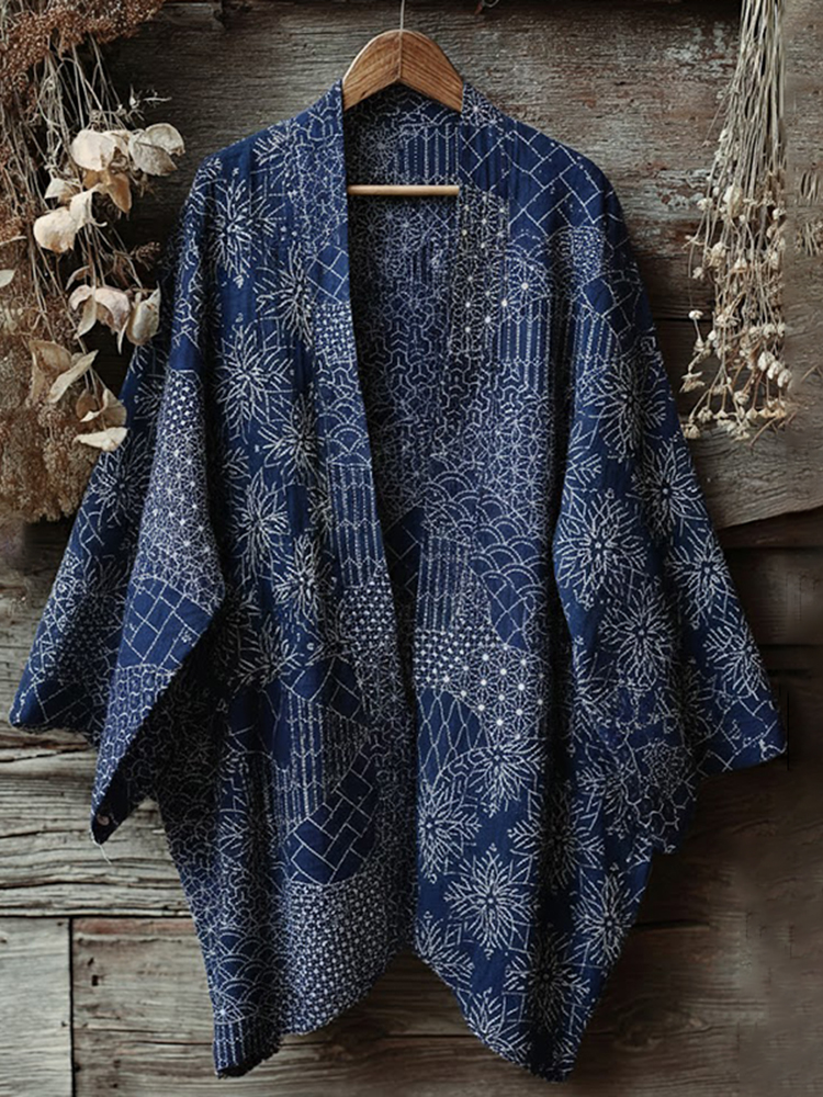 Retro Japanese Traditional Sashiko Art Print Cotton & Linen Blend Kimono Cardigan