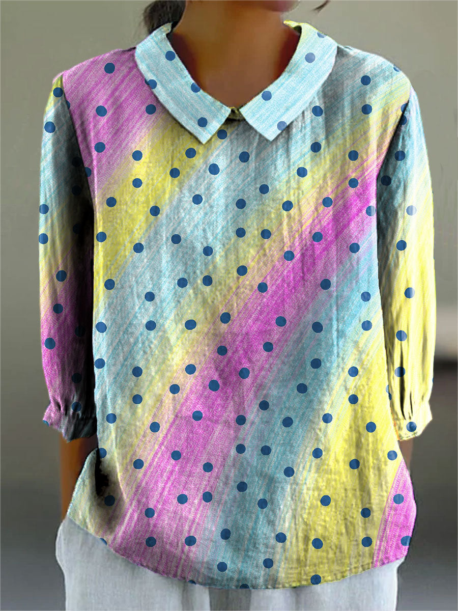 Color Block Dot Art Print Casual Cotton & Linen 3/4 Sleeve Shirt