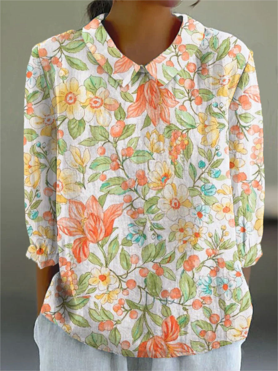 Vintage Flowers Art Print Casual Cotton & Linen 3/4 Sleeve Shirt