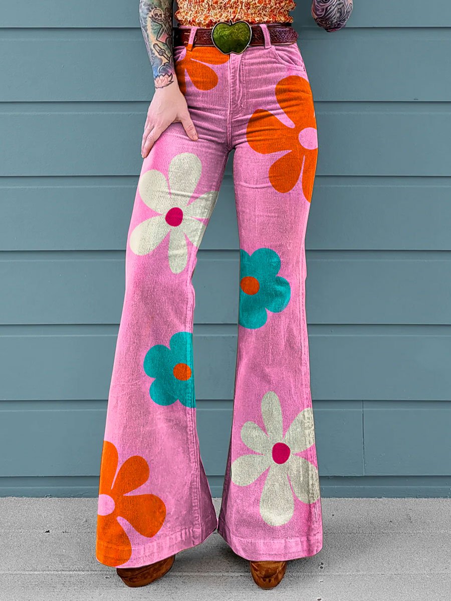 Vintage Flowers Print Mid Waist Buttoned Hem Bootcut Jeans Without Belt