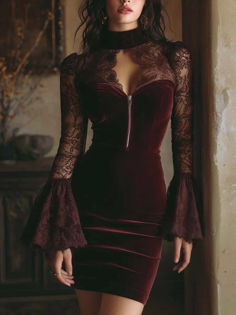 & Lace Bodycon Mini Dress In Burgundy