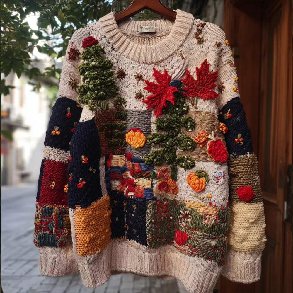 Maple Leaf Patchwork Checkered Round Neck Sweater