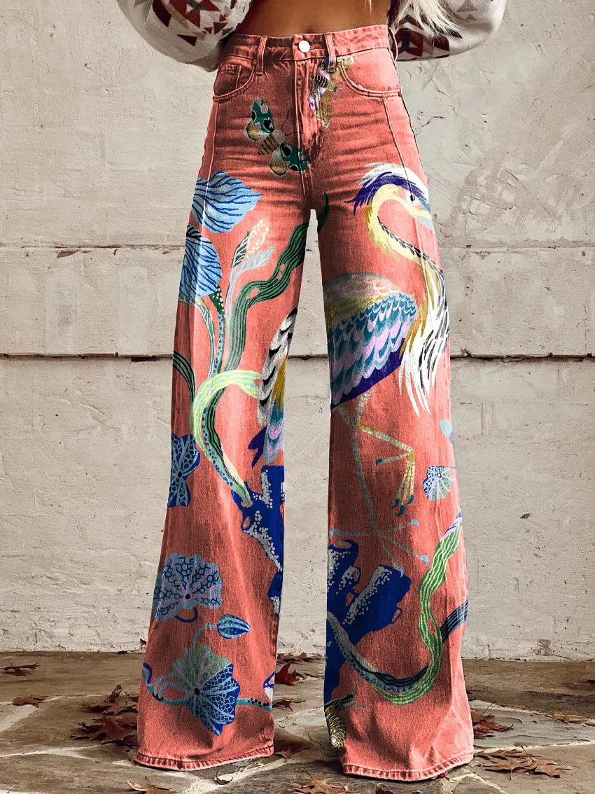 Retro Heron Flower Art Casual Wide-Leg Pants