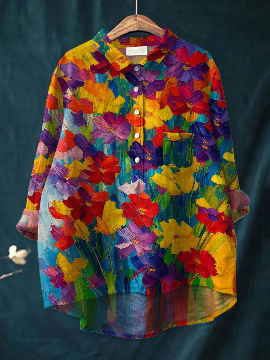 Vintage Rainbow Flower Art Print Casual Cotton & Linen Shirt