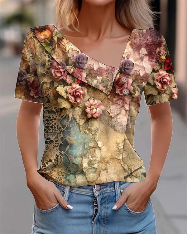 Vintage Floral Print Cotton Blend Short-sleeved Button-down Top