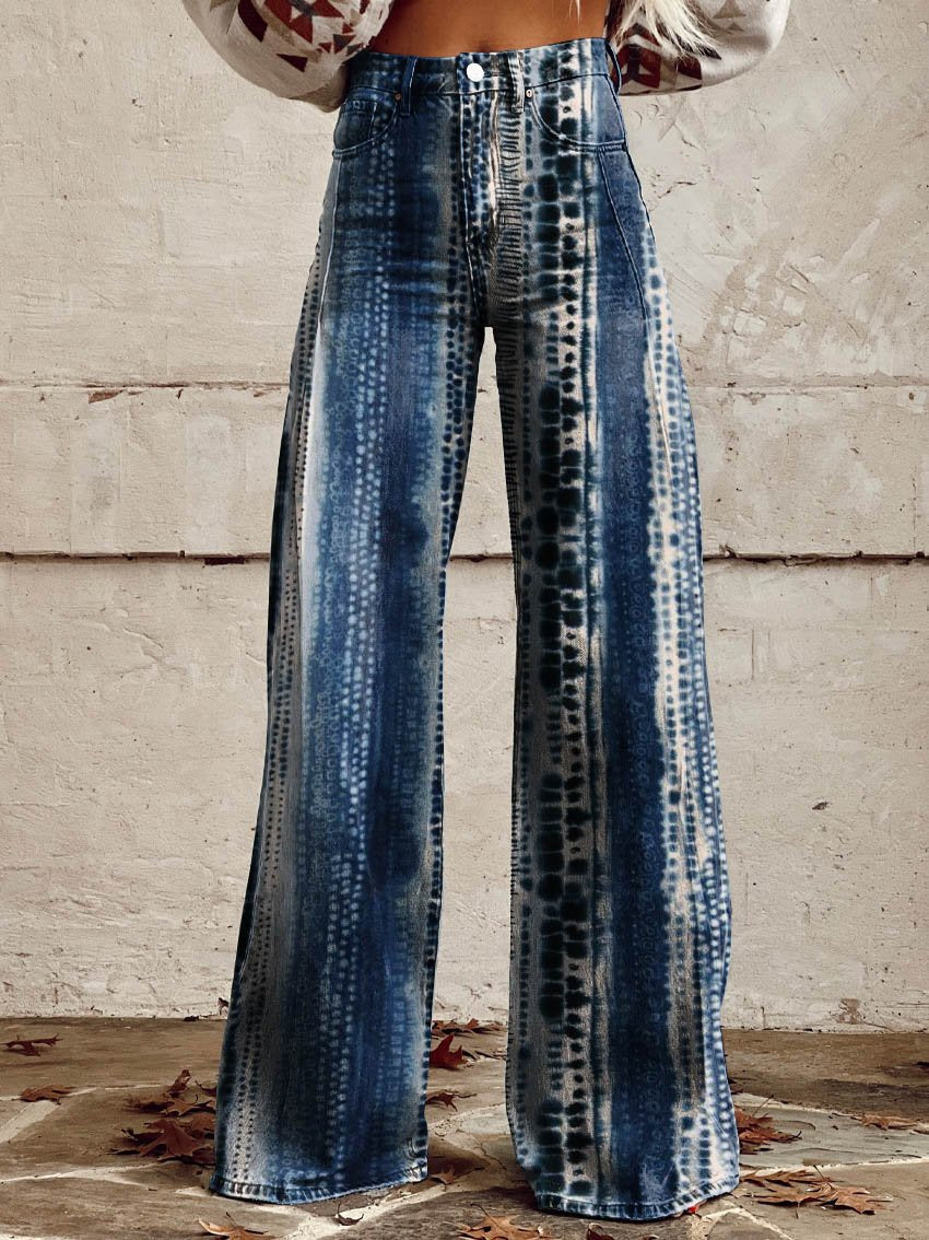Blue Print Casual Wide-Leg Pants
