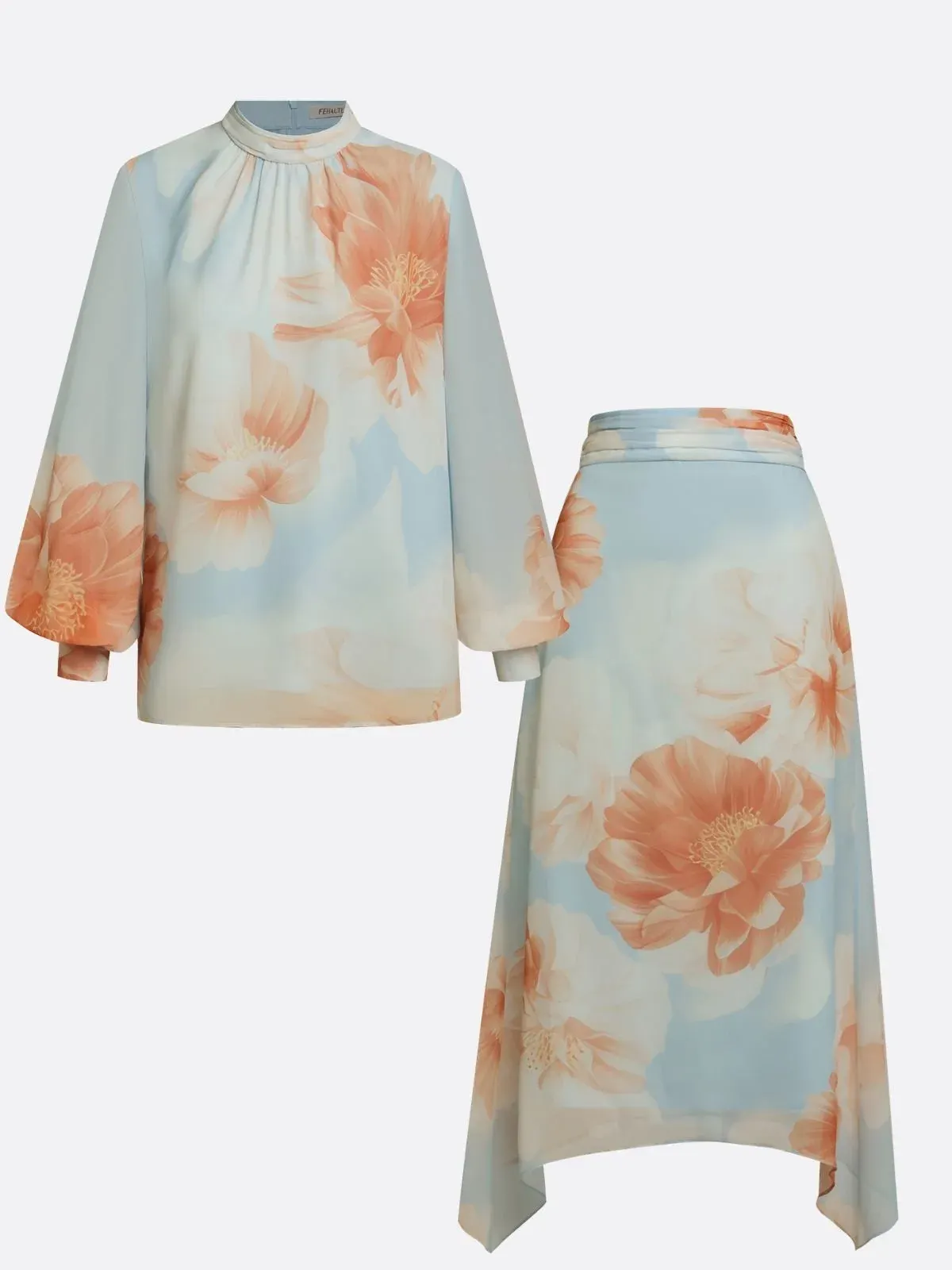 Light Blue Floral Chiffon Mock Neck Long-Sleeve Balloon Sleeve Romantic Top With Skirt Two-Piece Set