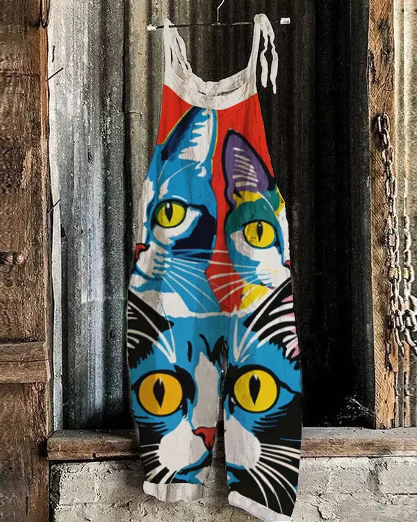 Funny Cat Bathroom Colorful Pop Art Print Loose Jumpsuit