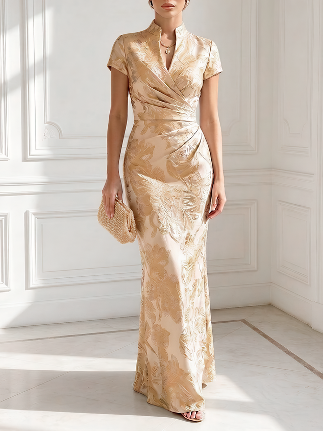 Light Blue Jacquard Classic V-Neck Short-Sleeve Mermaid Floor-length Gown
