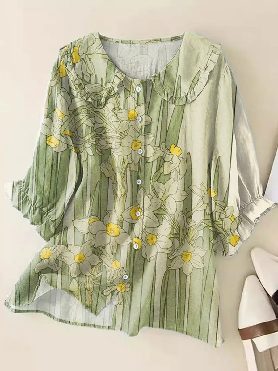 Fresh Floral Art Print Loose Top Peter Pan Collar Half Sleeve Blouses