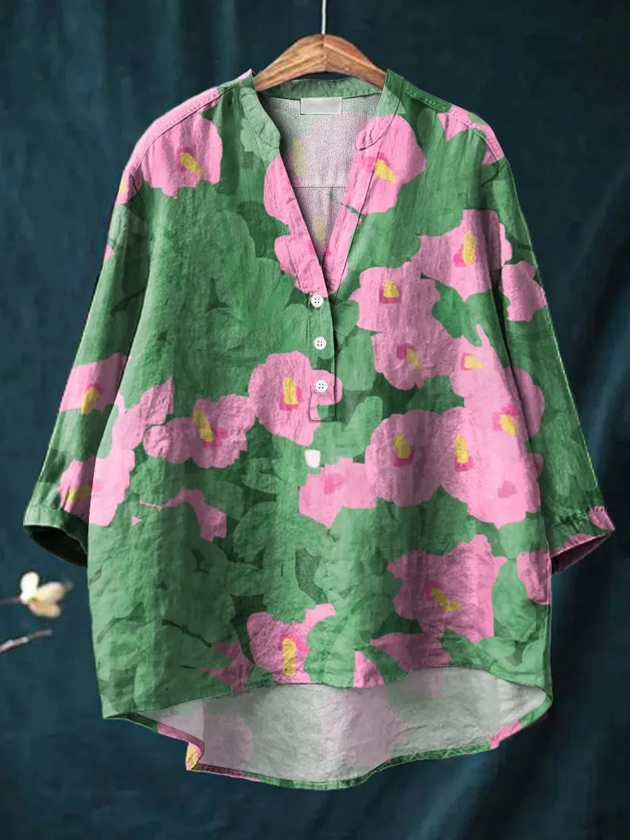 Beautiful Pink Floral Painting Art Print Casual Cotton & Linen Ruffle Shirt