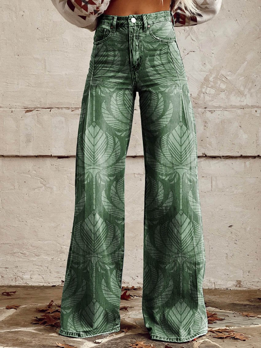 Green Print Casual Wide-Leg Pants