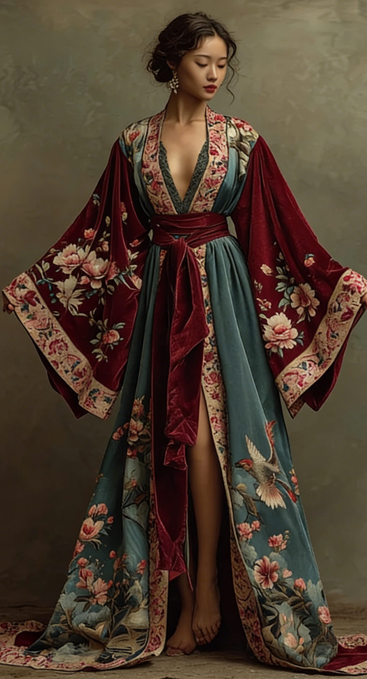 Elegant autumn/winter vintage floral style velvet robe (with belt)