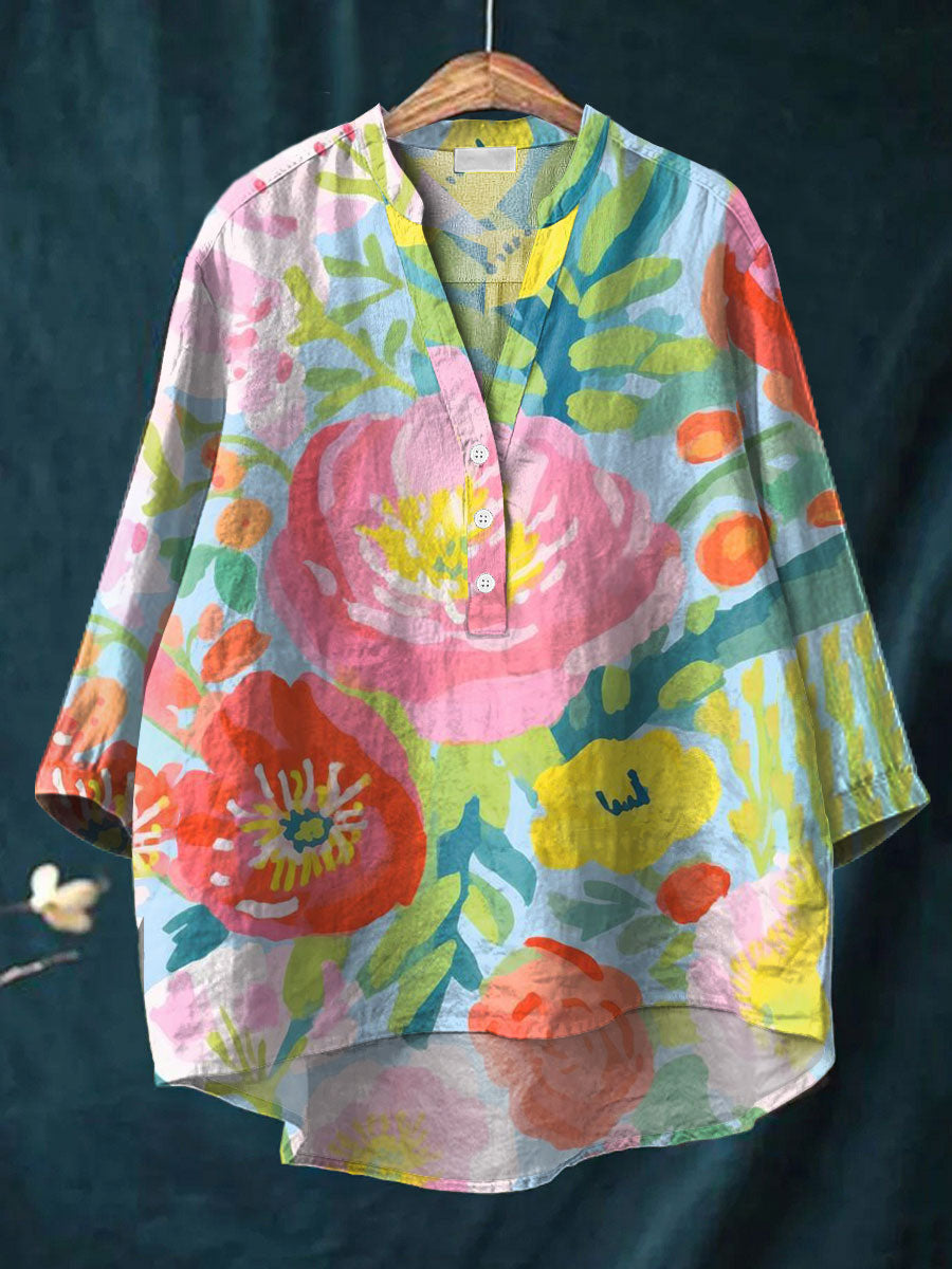 Vintage Flower Art Print Casual Cotton & Linen Shirt