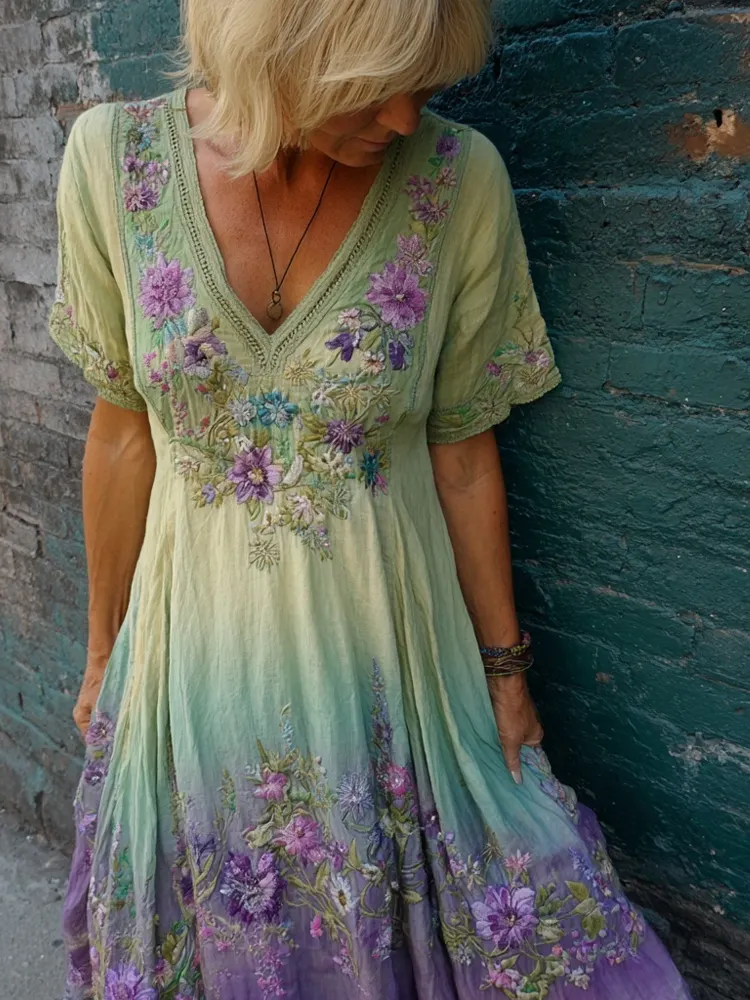 Purple Floral Embroidered Gradient Flowy Linen Maxi Dress