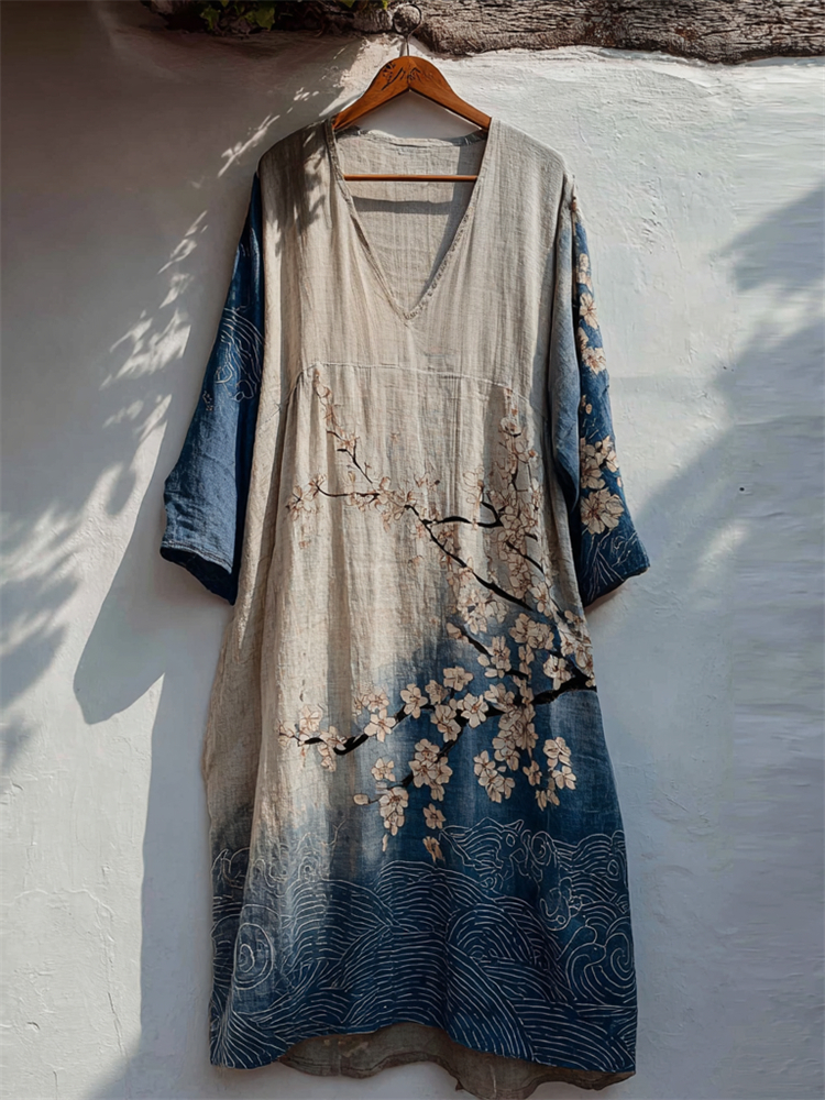 Japanese Cherry Blossom Sea Waves Contrast Gradient Linen Dress