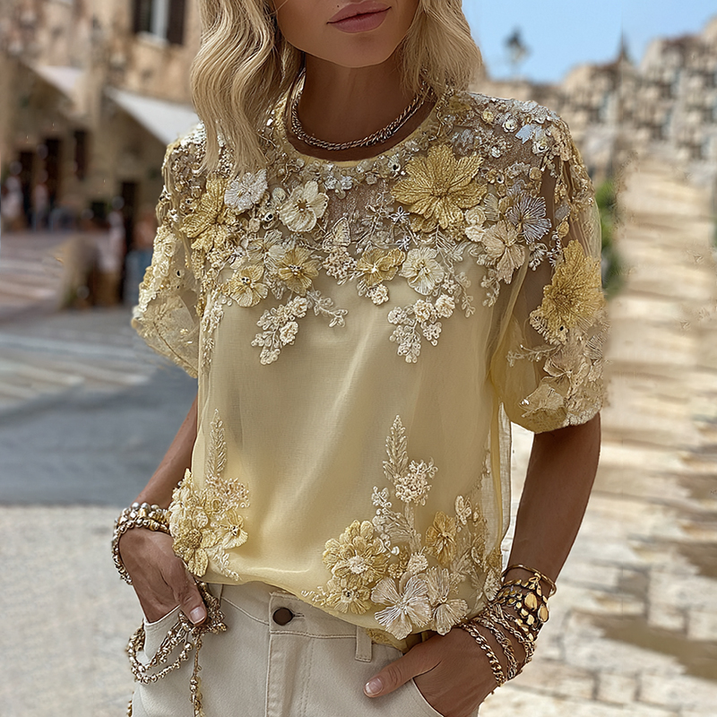 Women's Bohemian Yellow Roses And Floral Embroidery Art Linen Blend T-shirt