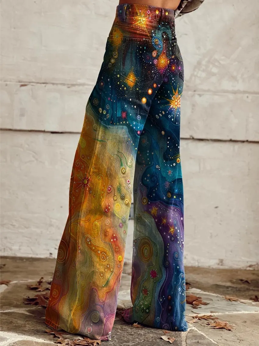 Colorful & Dreamy Starry Sky Print Casual Wide-Leg Pants