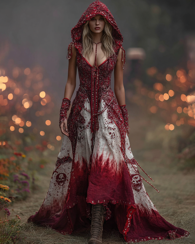 Bohemian style Irregular Gradient Embroidered Lace Hooded Evening Dress 22e8