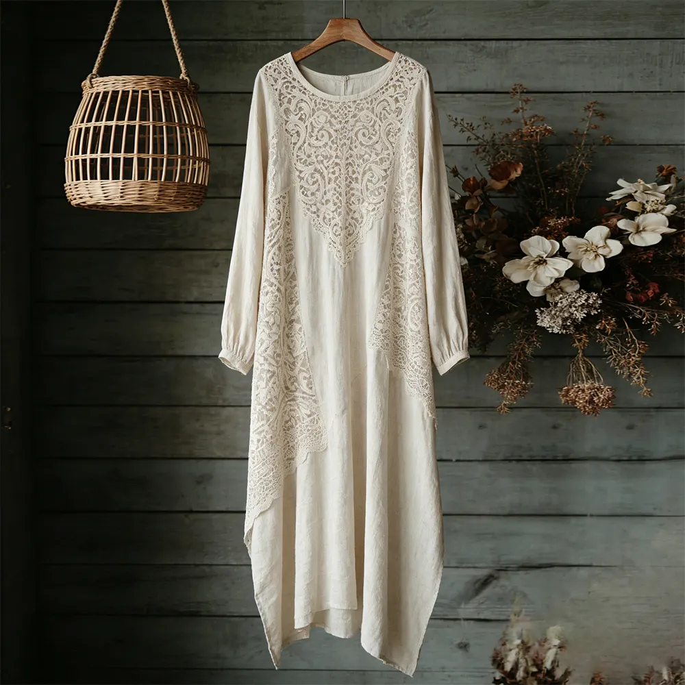 Boho Lace Floral Patchwork Vintage Women's Linen V-neck Maxi Dress