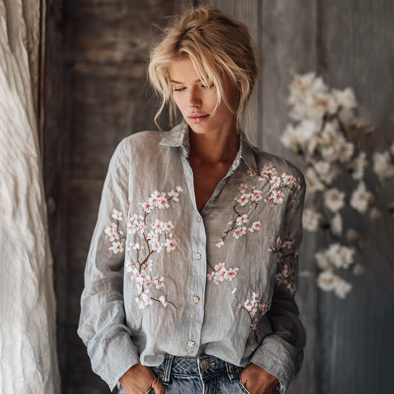 Vintage Plum Blossom Embroidered Floral Linen Long Sleeve Shirt