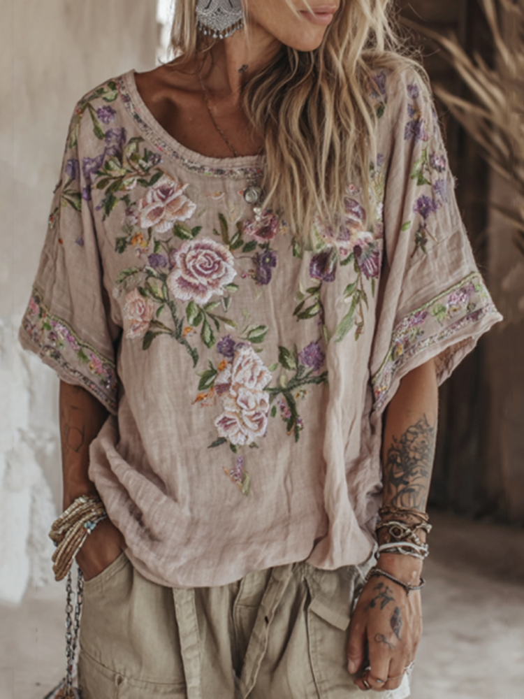 Vintage Purple Floral Embroidered Short Sleeve Shirt