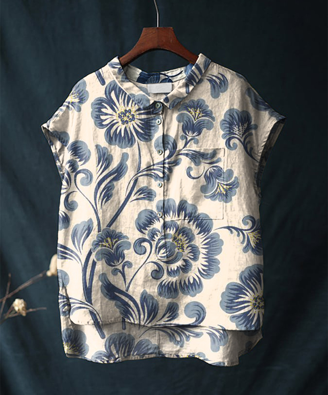 Vintage Floral Print Short-sleeved Cotton & Linen Shirt